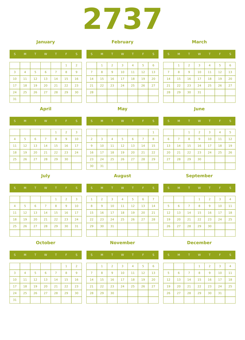Printable 2737 Year Calendars chartreuse