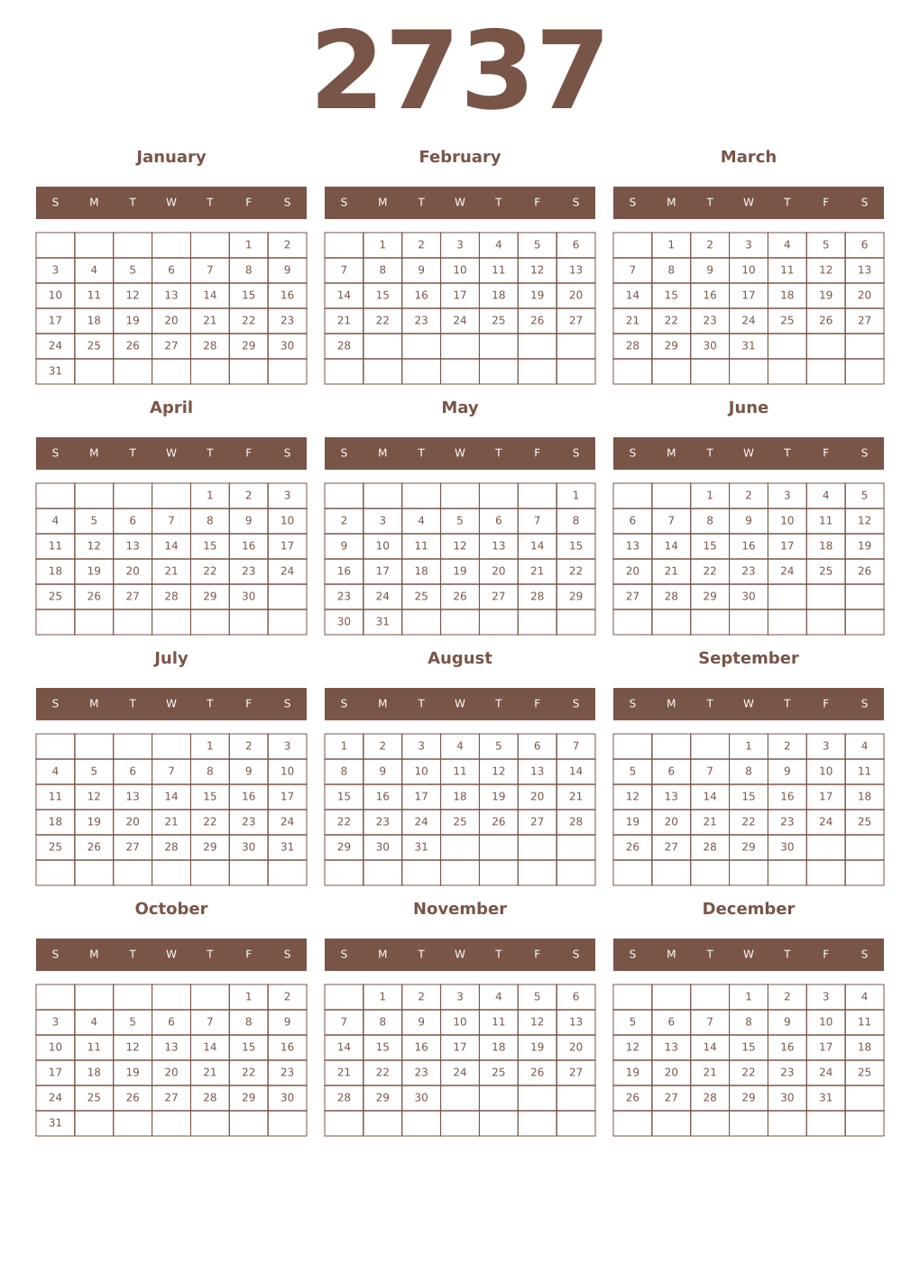 Printable 2737 Year Calendars coffe