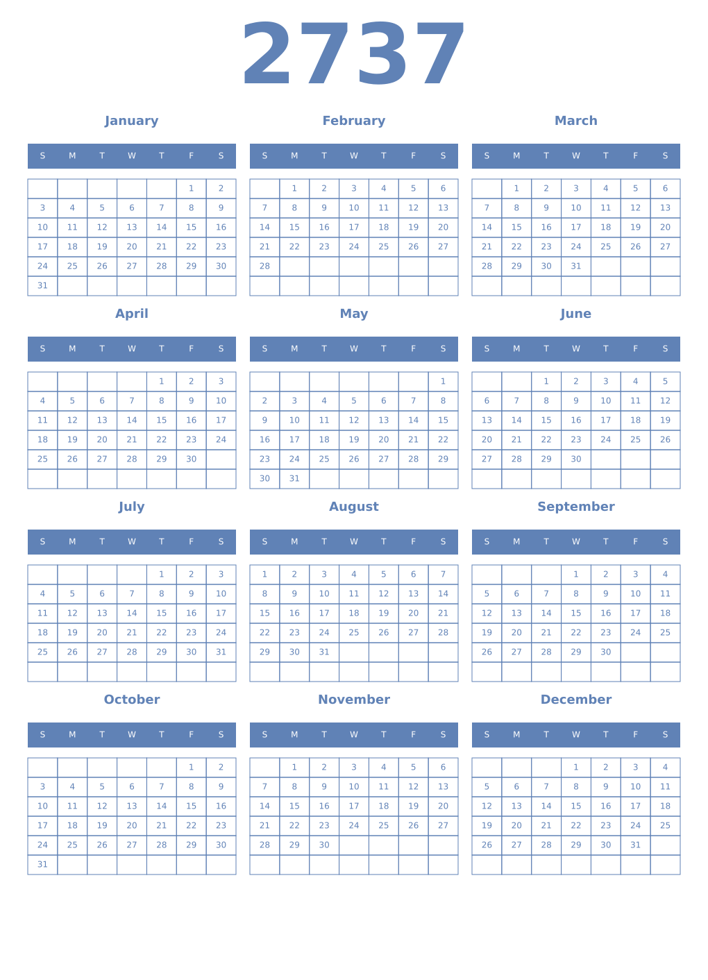 Printable 2737 Year Calendars glaucous
