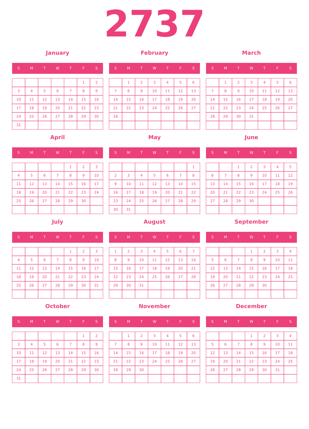 Printable 2737 Year Calendars pink