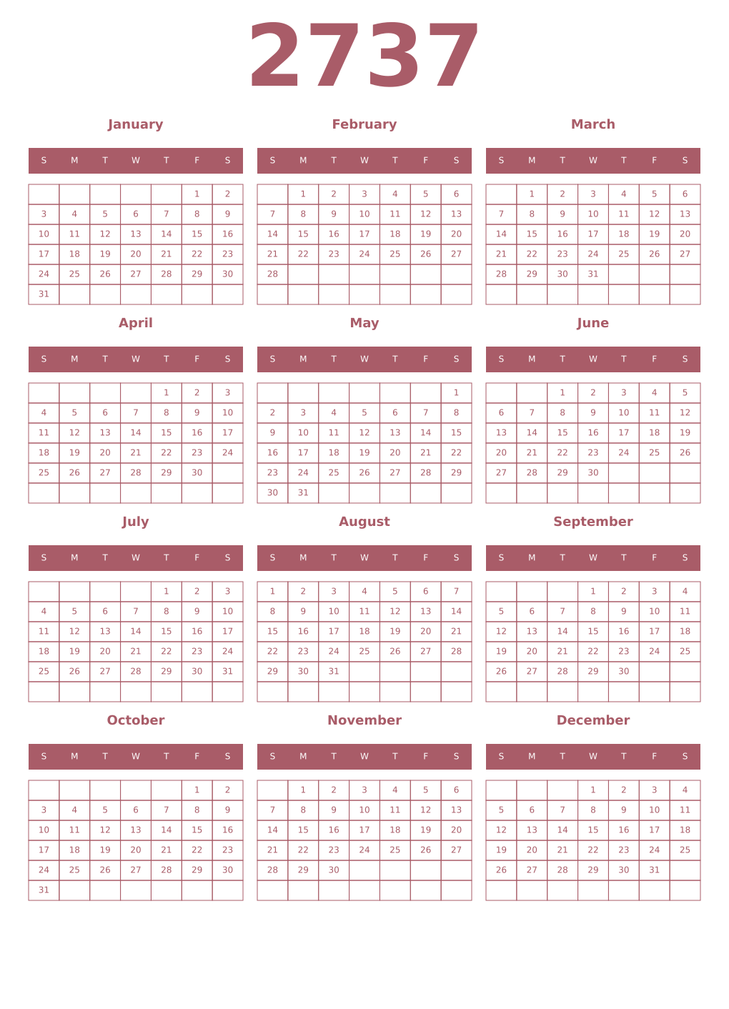 Printable 2737 Year Calendars puce
