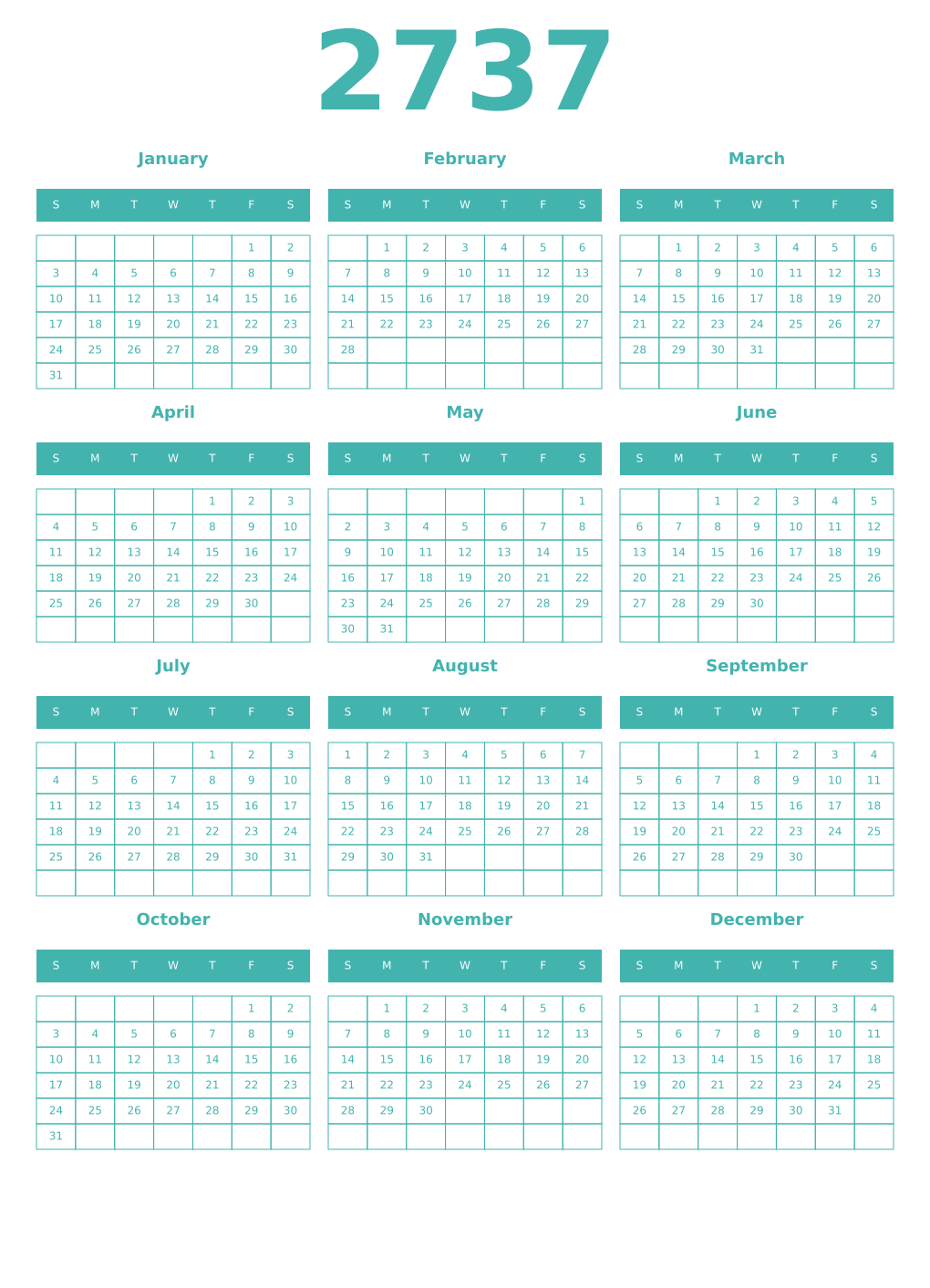 Printable 2737 Year Calendars verdigris