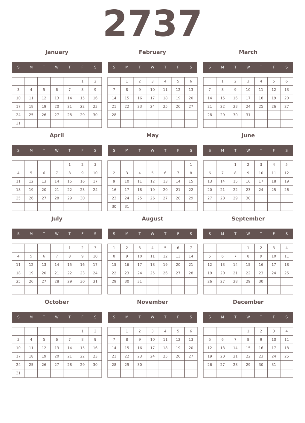 Printable 2737 Year Calendars wenge