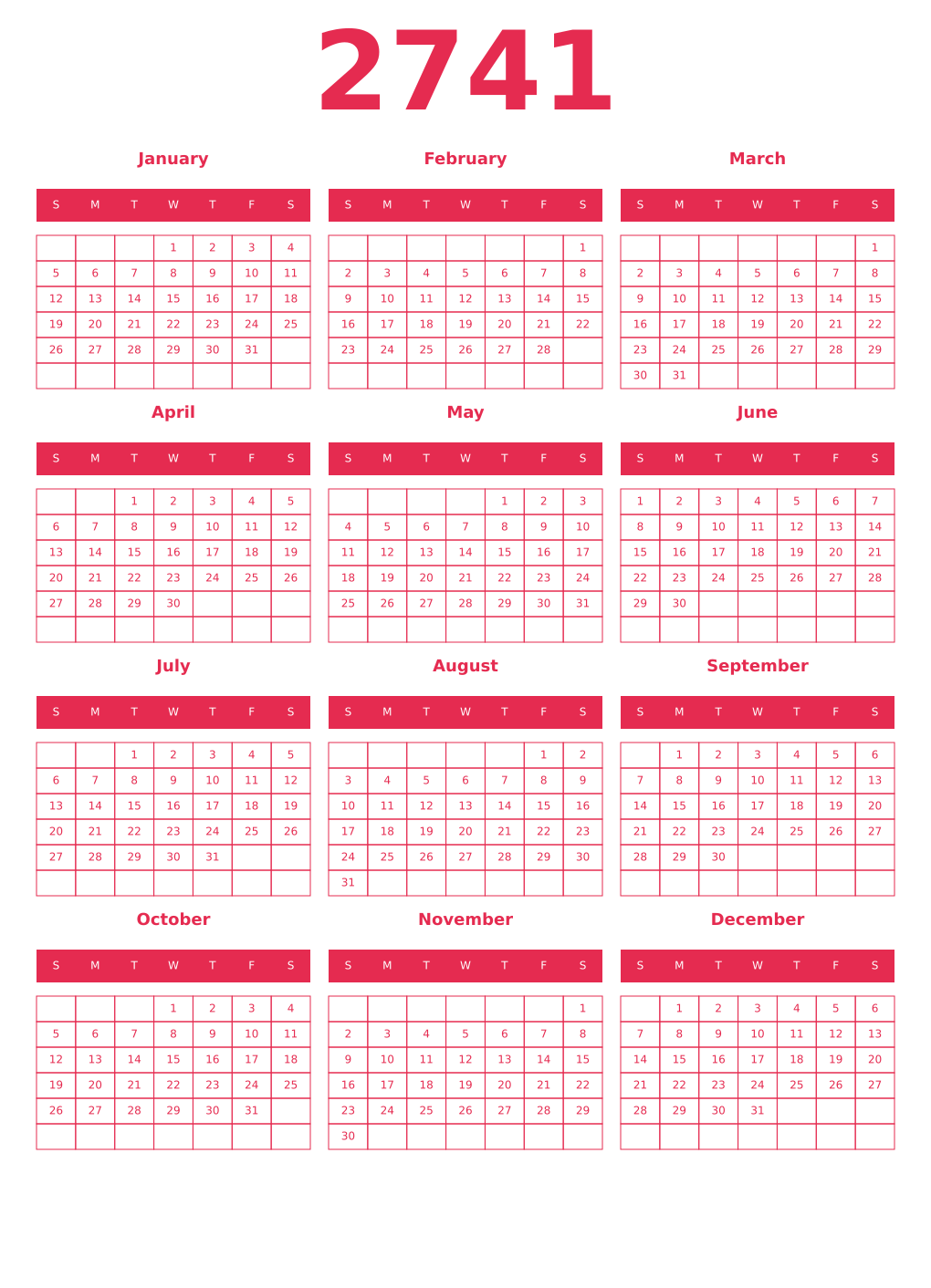 Printable 2741 Year Calendars amaranth