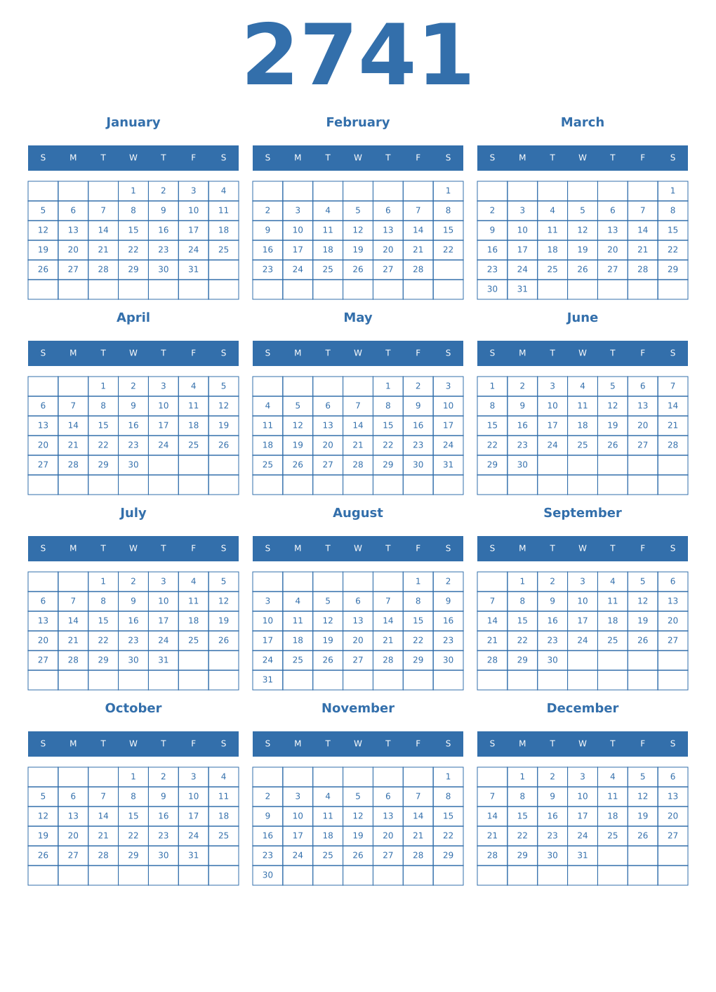 Printable 2741 Year Calendars blue