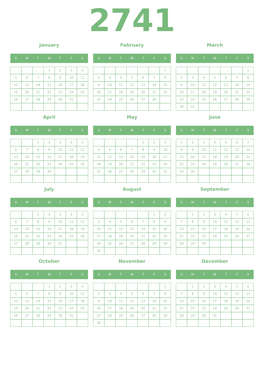 Printable 2741 Year Calendars celadon