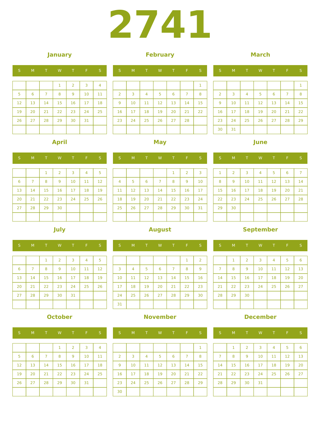 Printable 2741 Year Calendars chartreuse