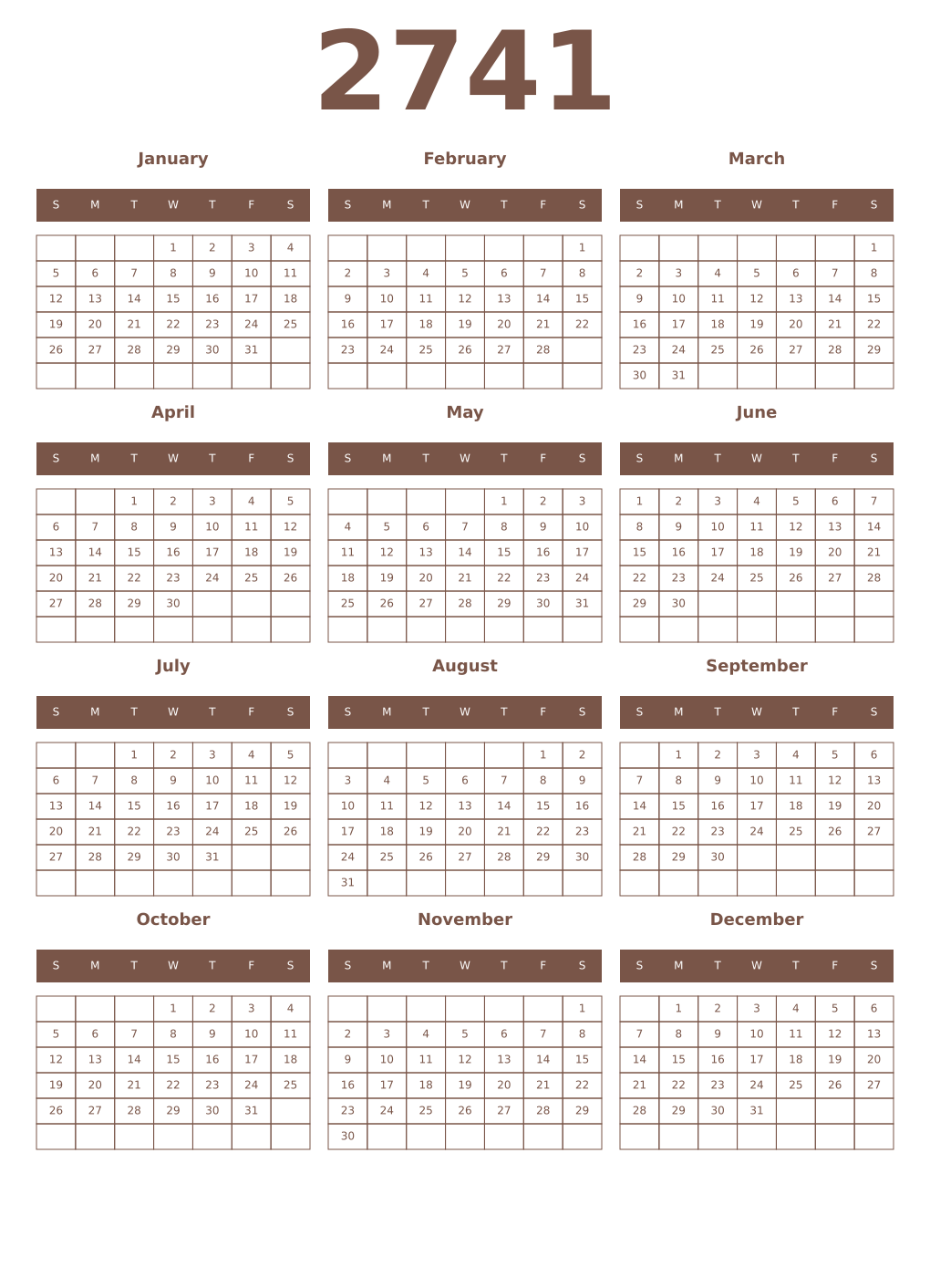 Printable 2741 Year Calendars coffe