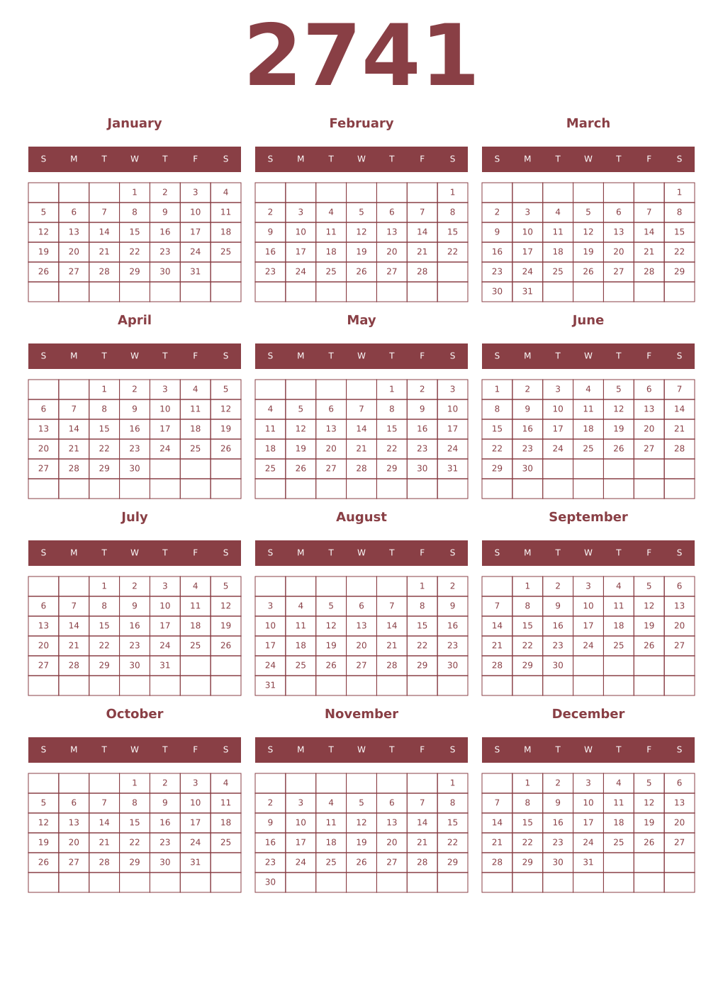 Printable 2741 Year Calendars cordovan
