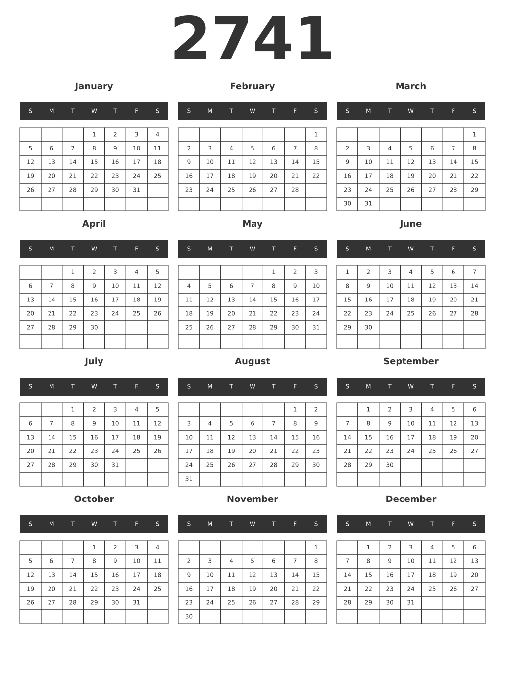 Printable 2741 Year Calendars dark