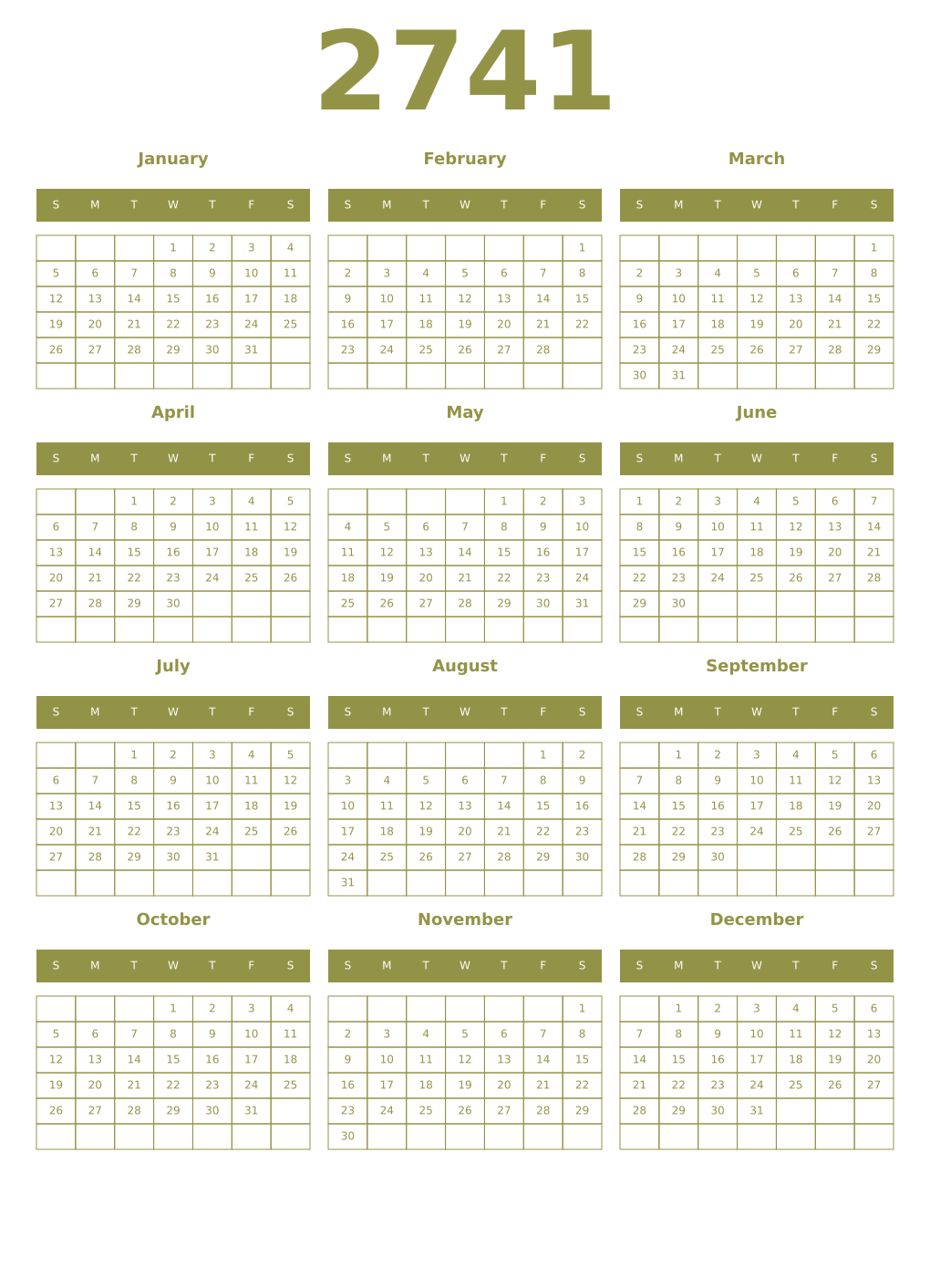 Printable 2741 Year Calendars eburnean