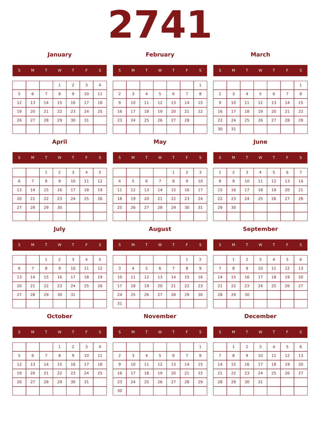 Printable 2741 Year Calendars falu