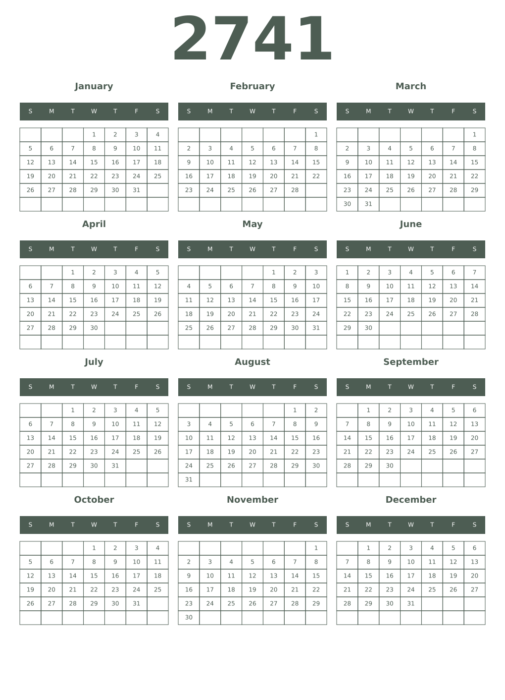 Printable 2741 Year Calendars feldgrau