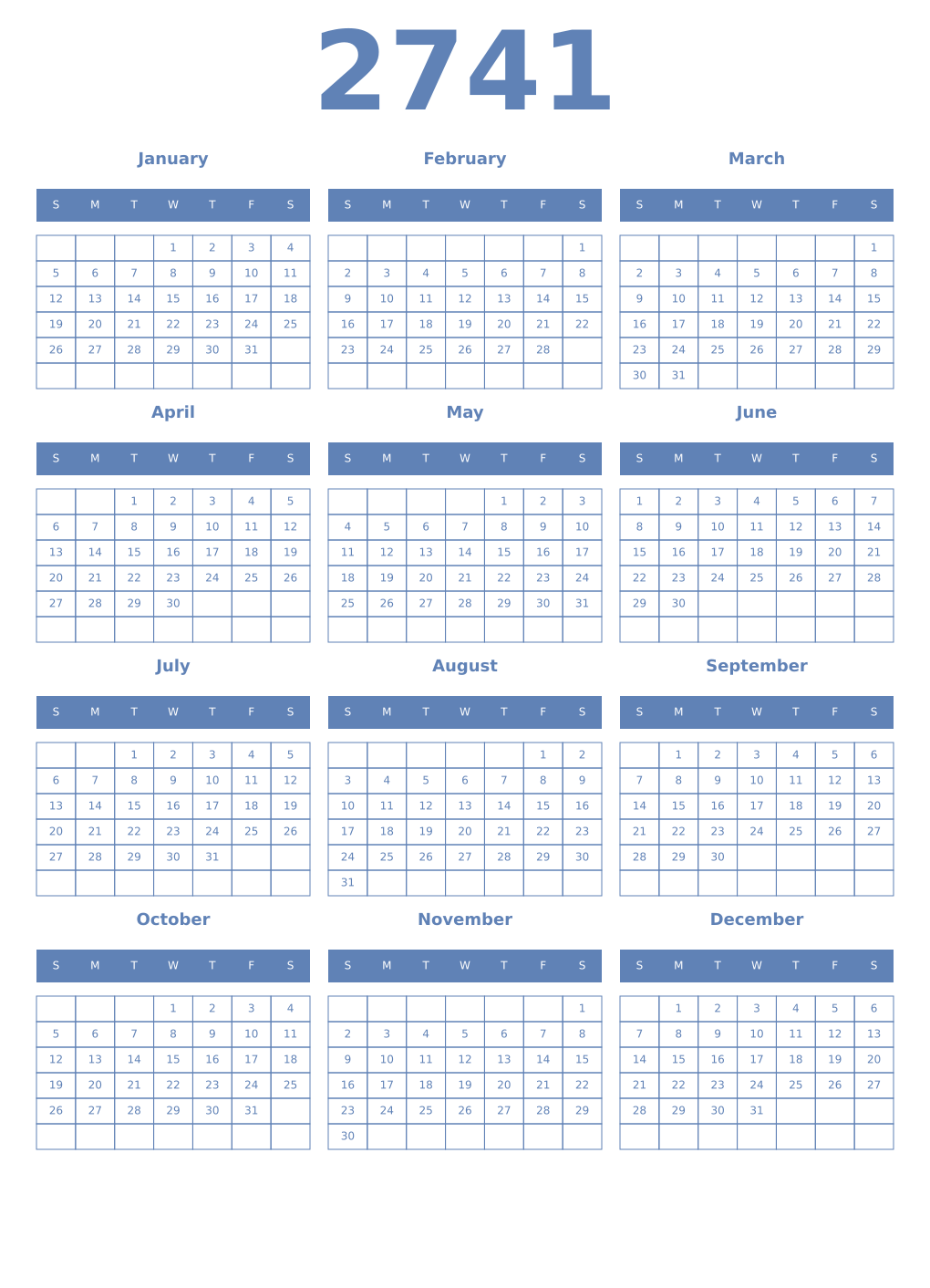Printable 2741 Year Calendars glaucous