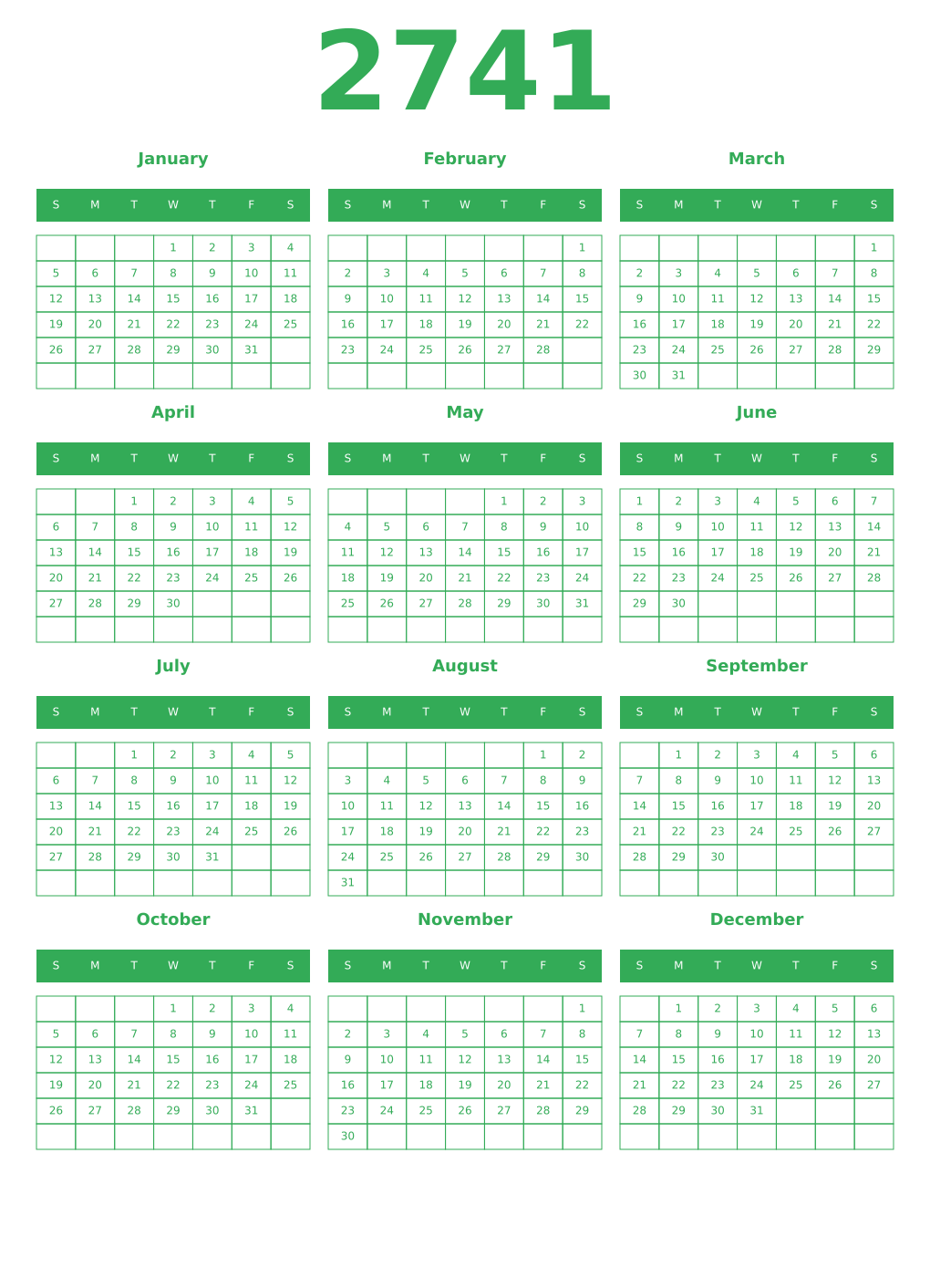 Printable 2741 Year Calendars green