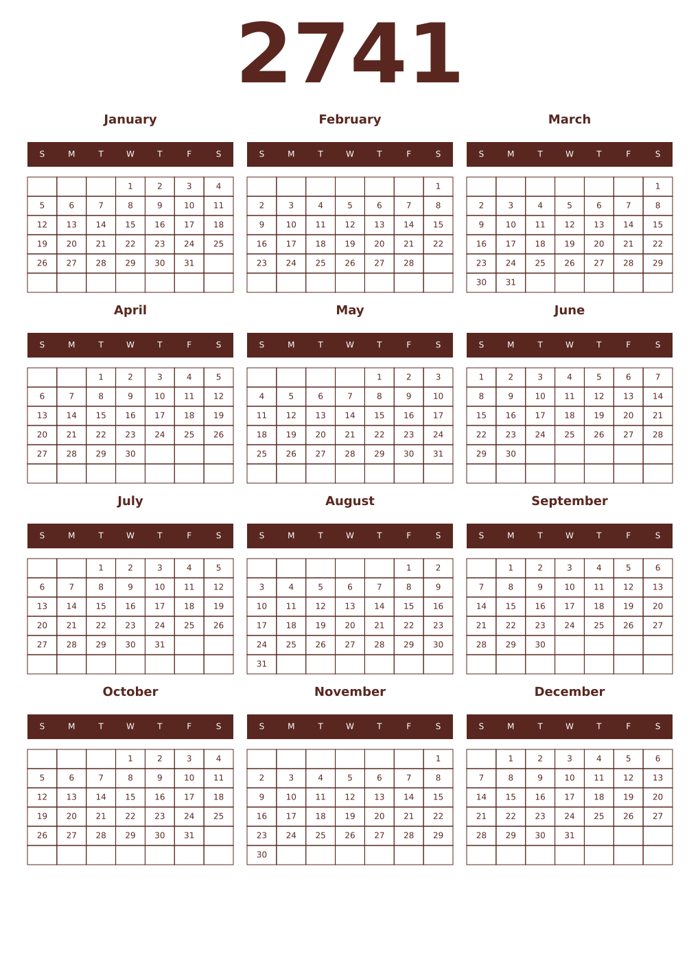 Printable 2741 Year Calendars mortuum