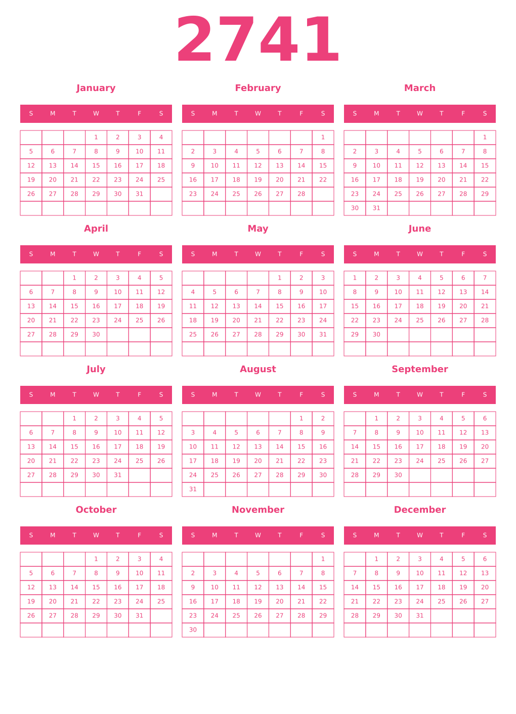 Printable 2741 Year Calendars pink