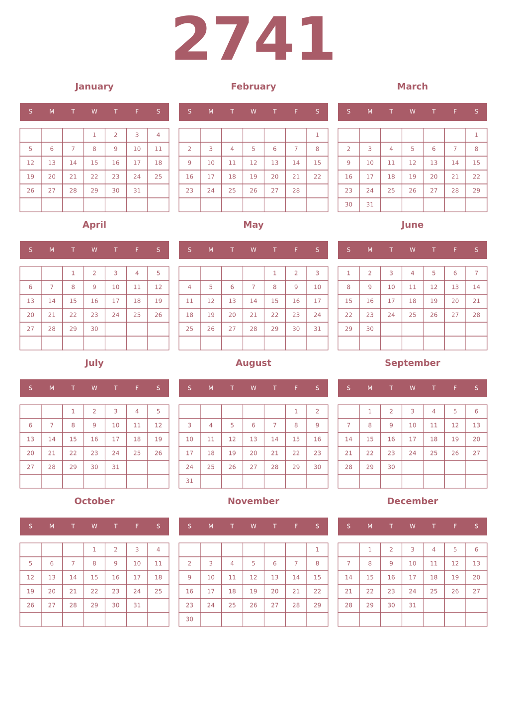 Printable 2741 Year Calendars puce