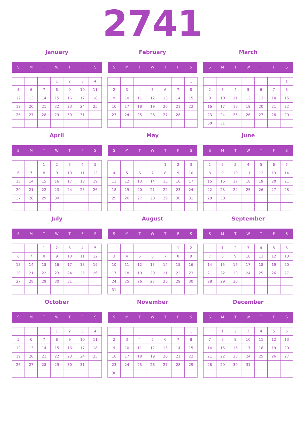Printable 2741 Year Calendars purple