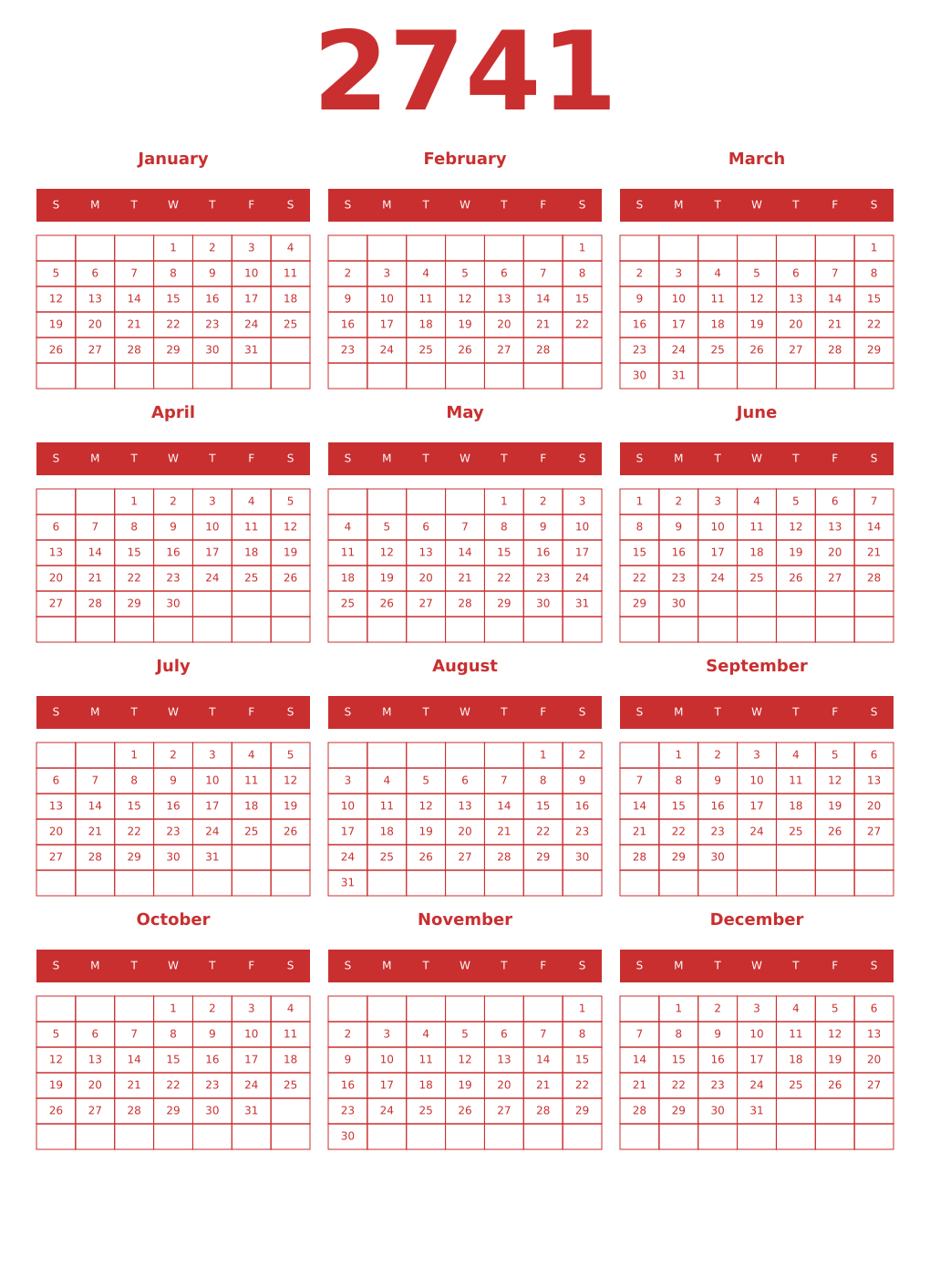 Printable 2741 Year Calendars red