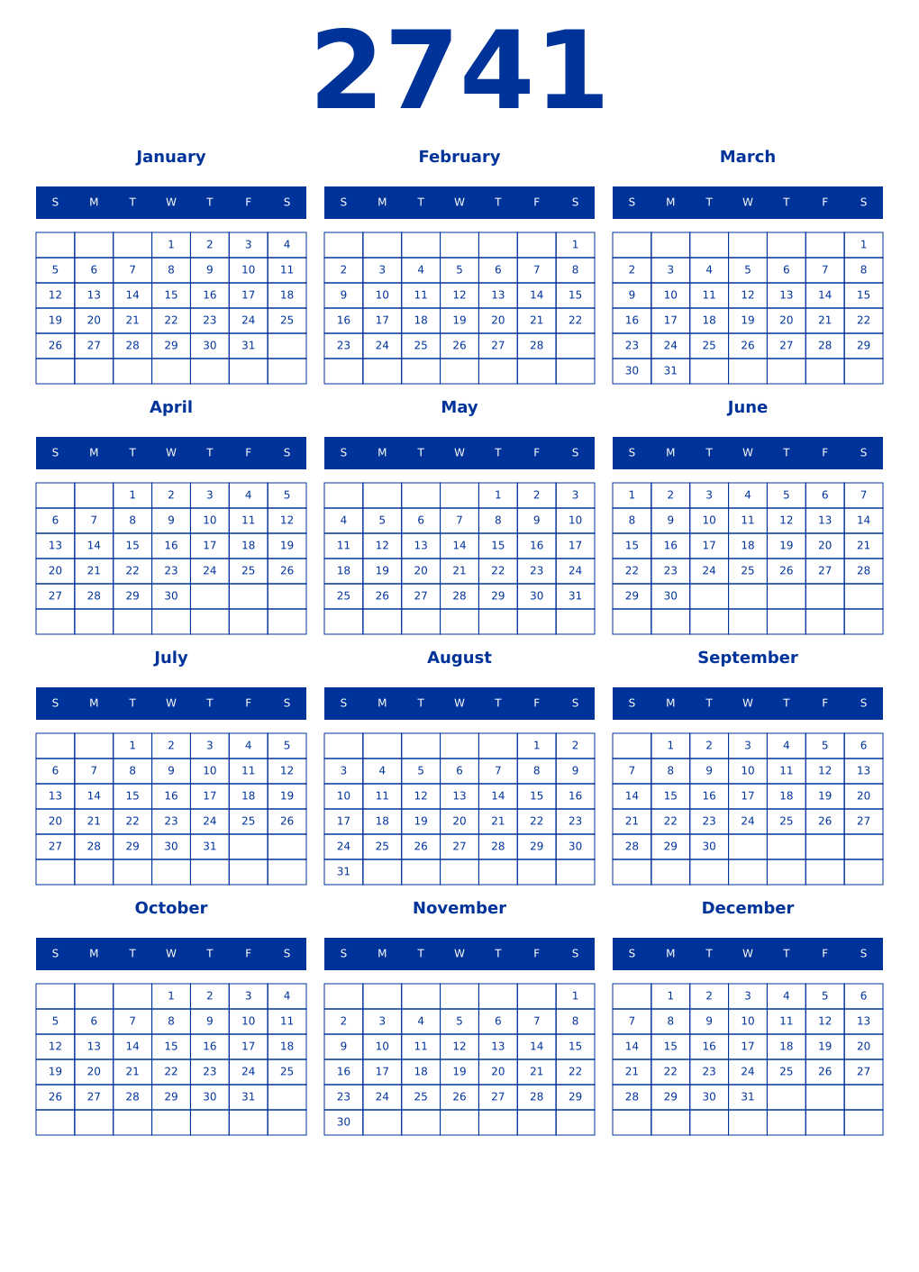 Printable 2741 Year Calendars smalt