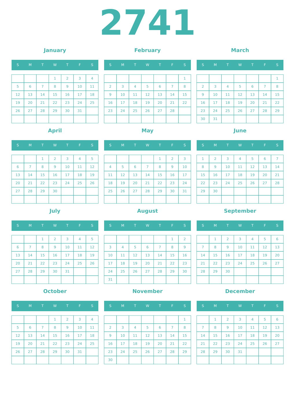Printable 2741 Year Calendars verdigris