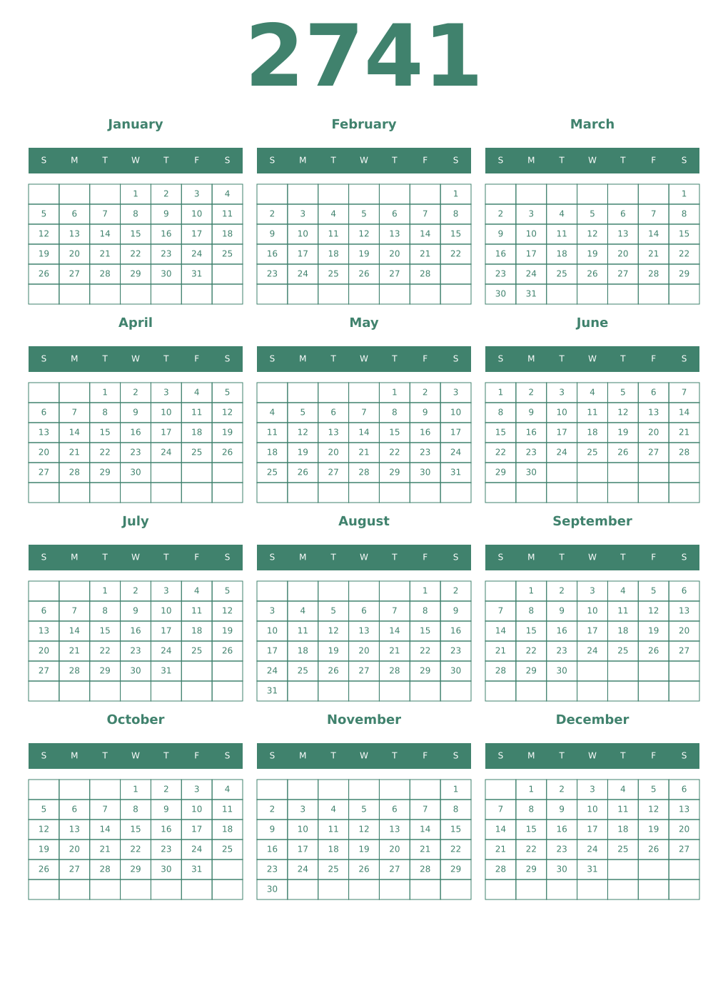 Printable 2741 Year Calendars viridian