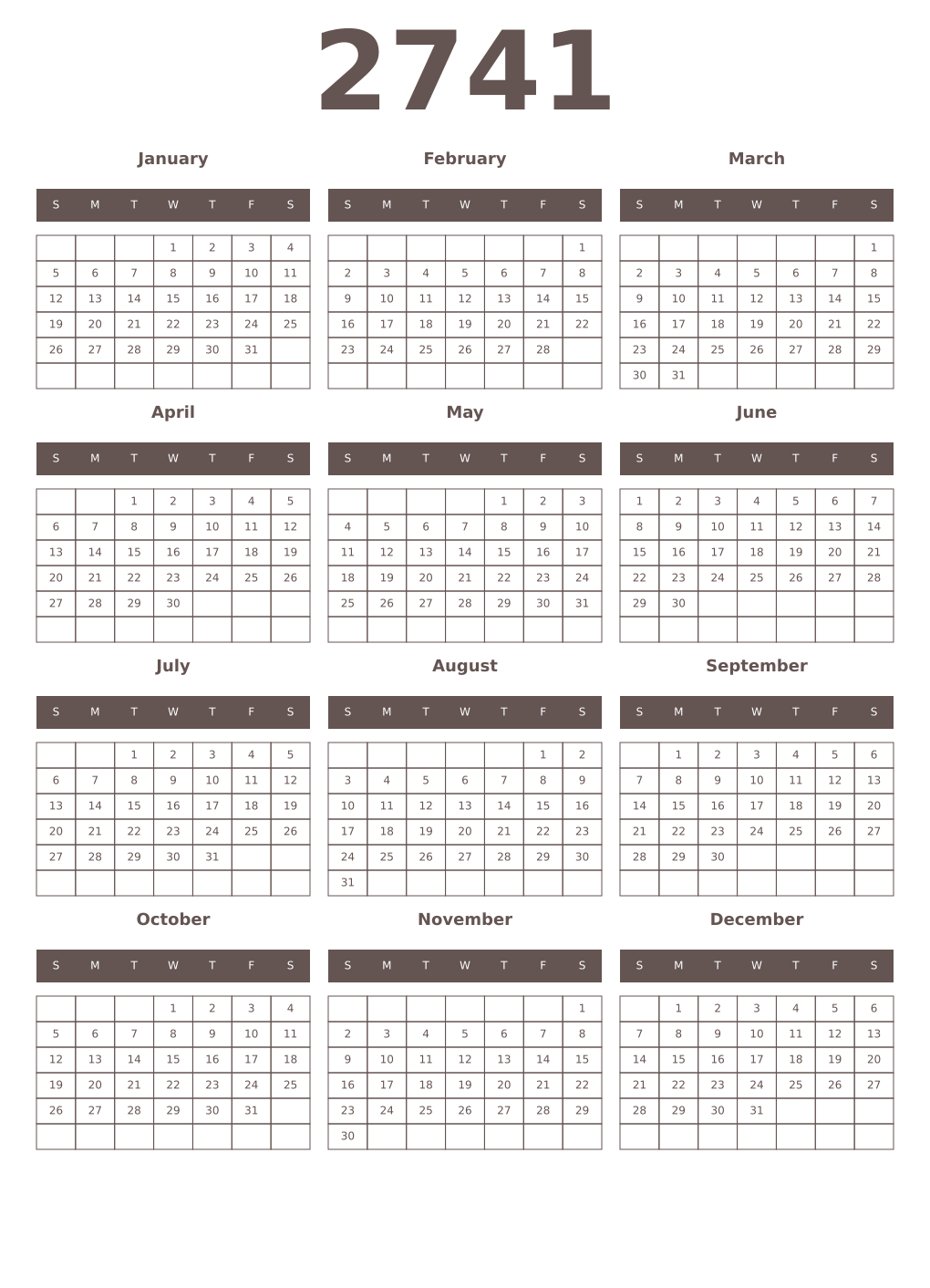 Printable 2741 Year Calendars wenge
