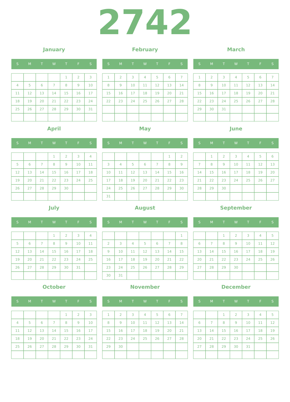 Printable 2742 Year Calendars celadon