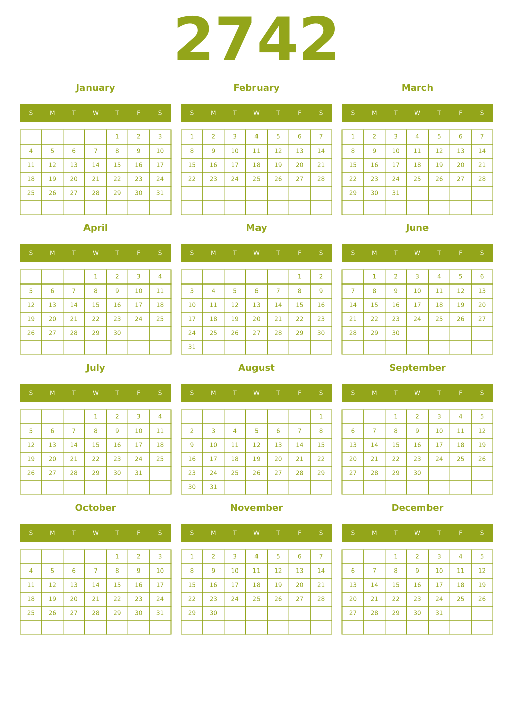Printable 2742 Year Calendars chartreuse