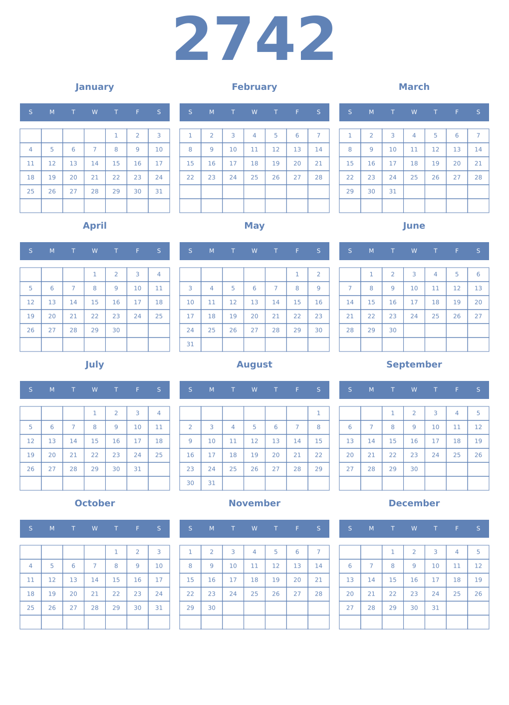 Printable 2742 Year Calendars glaucous