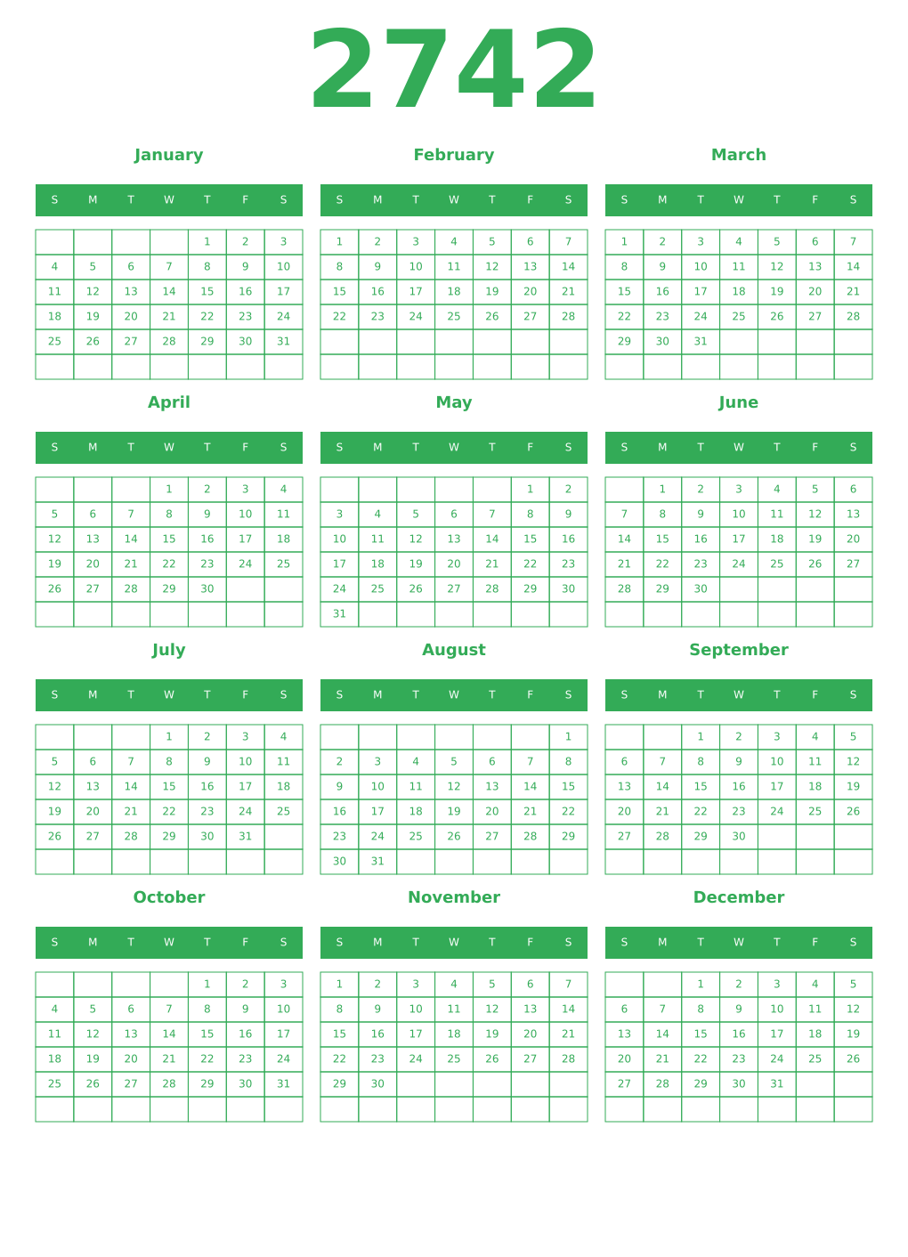 Printable 2742 Year Calendars green