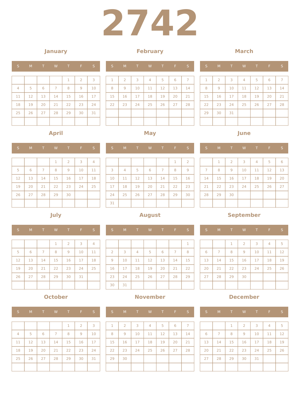 Printable 2742 Year Calendars isabelline