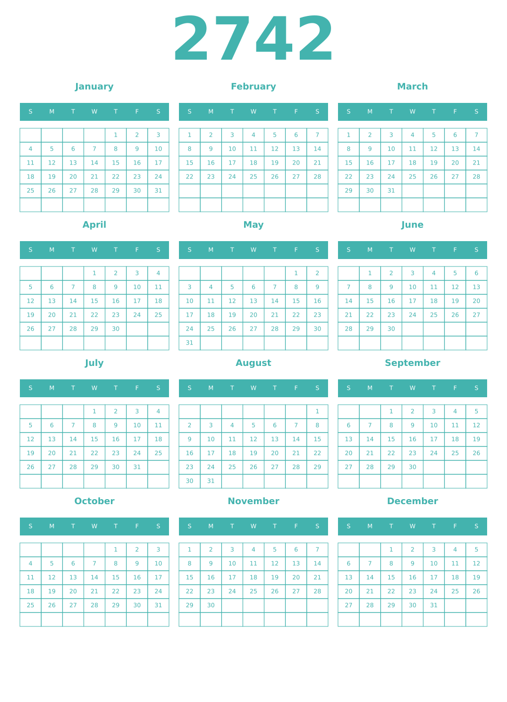 Printable 2742 Year Calendars verdigris
