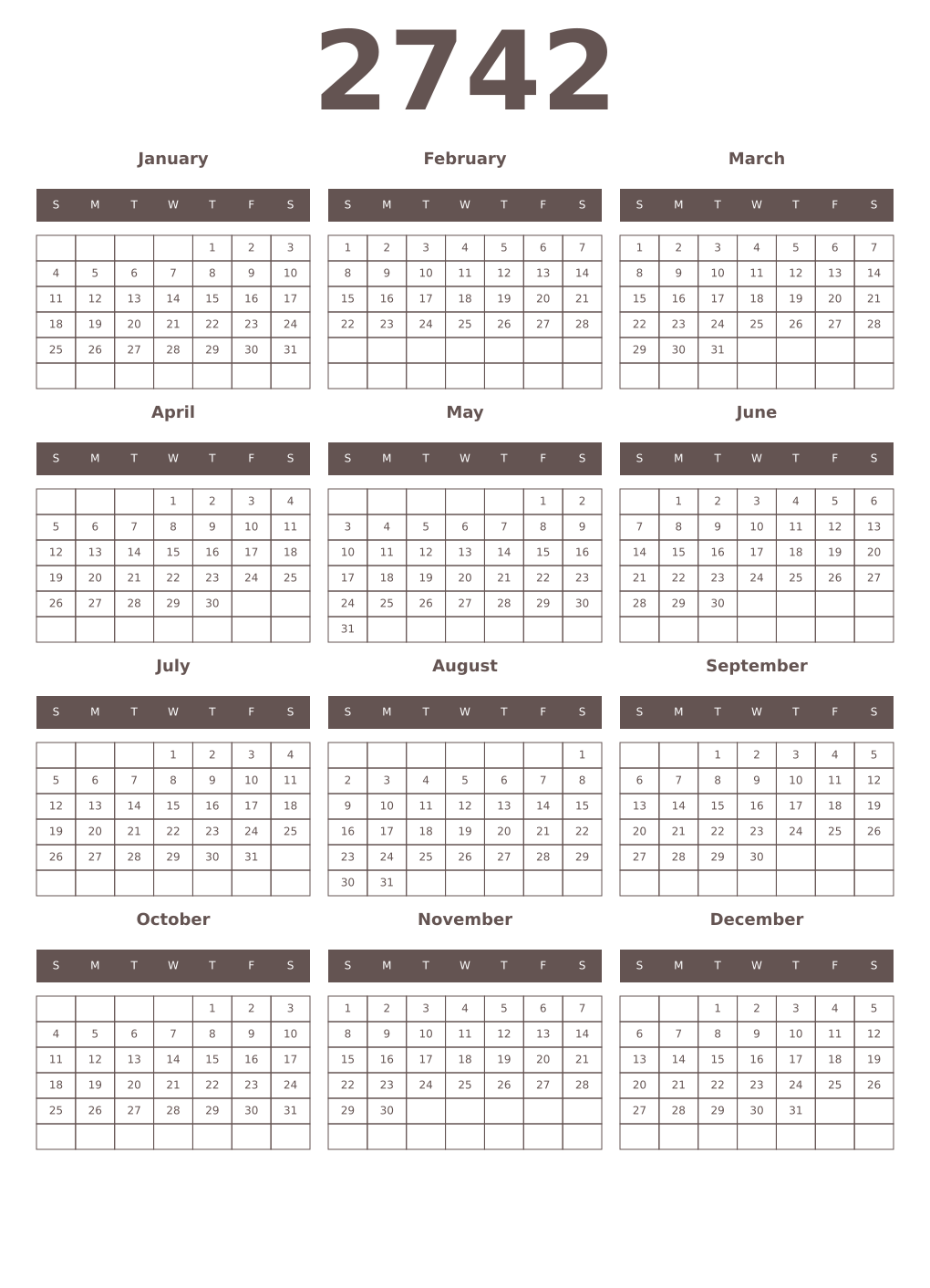 Printable 2742 Year Calendars wenge