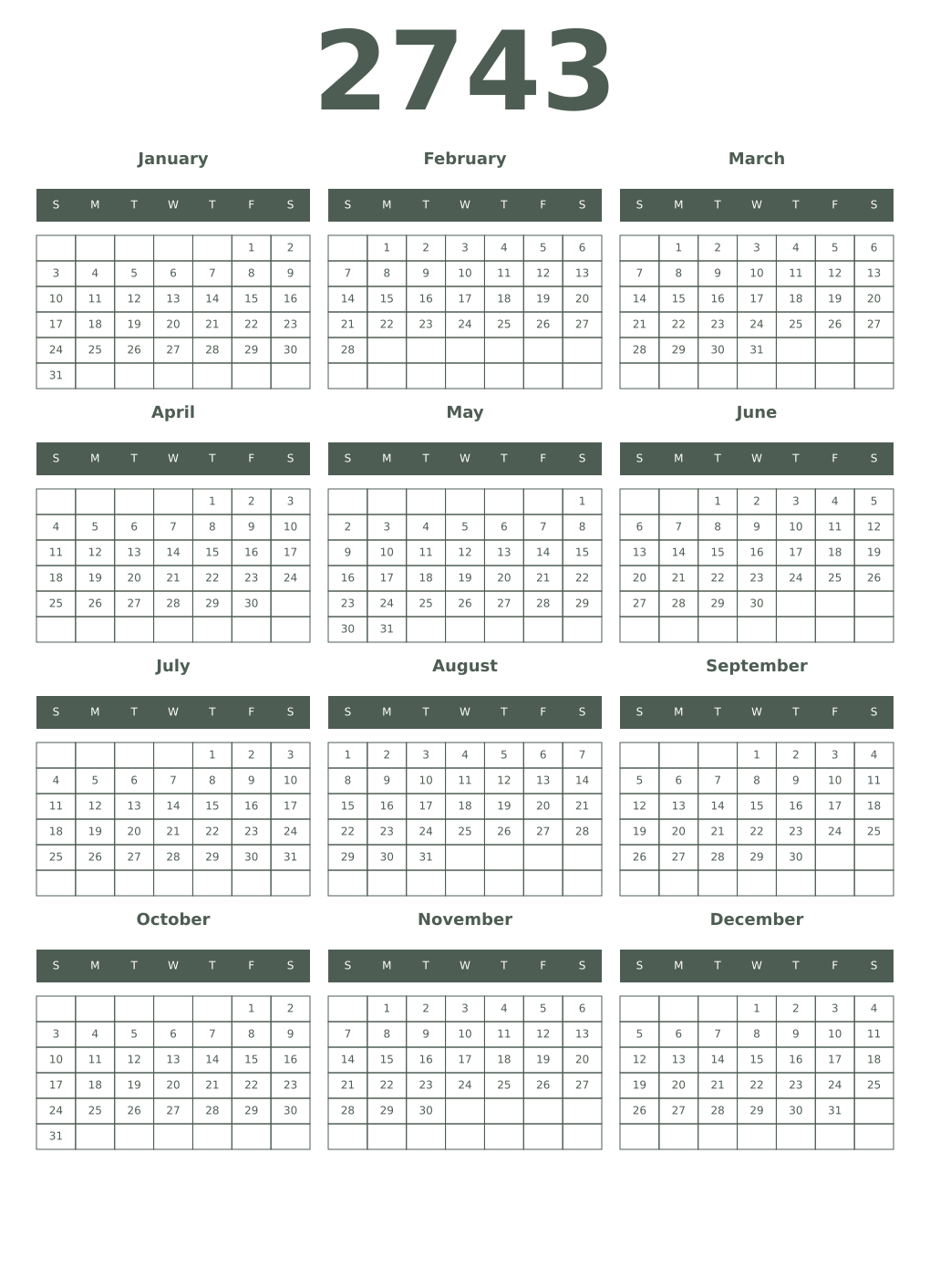 Printable 2743 Year Calendars feldgrau