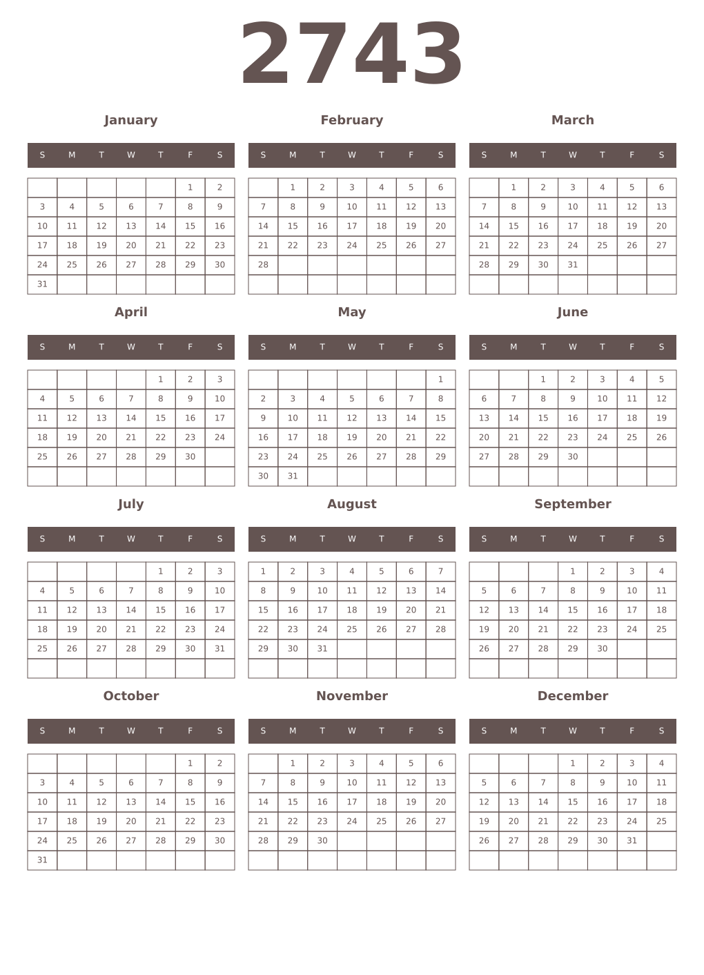 Printable 2743 Year Calendars wenge