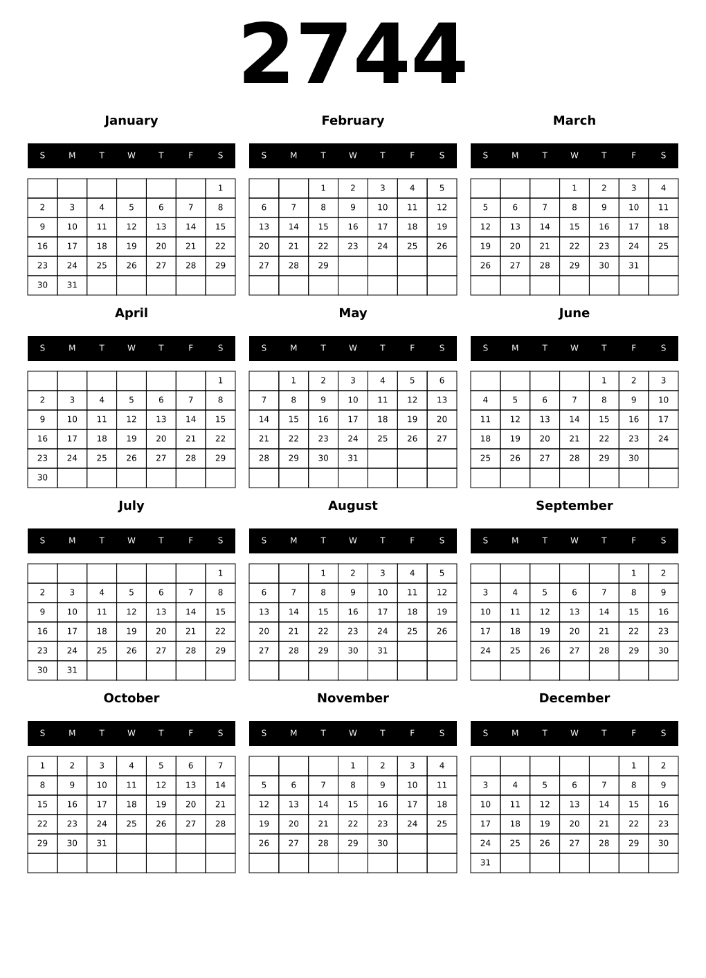Printable 2744 Year Calendars black