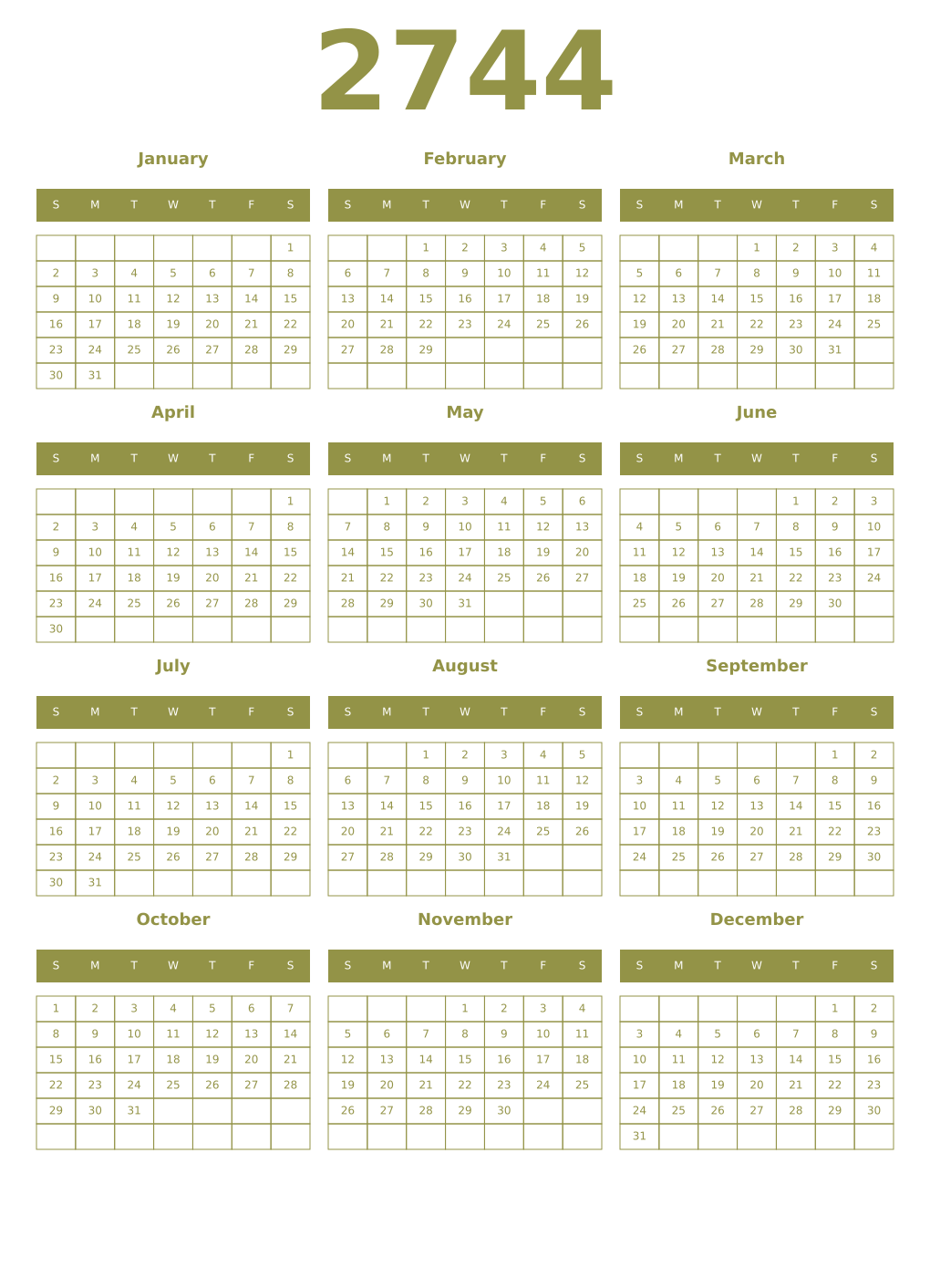 Printable 2744 Year Calendars eburnean