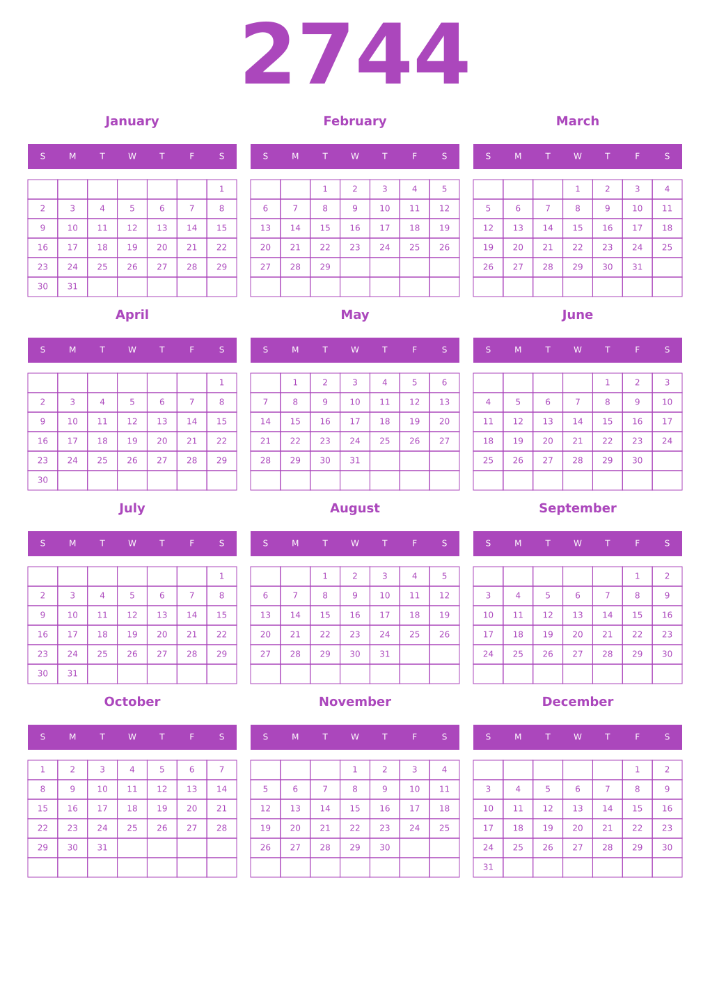 Printable 2744 Year Calendars purple