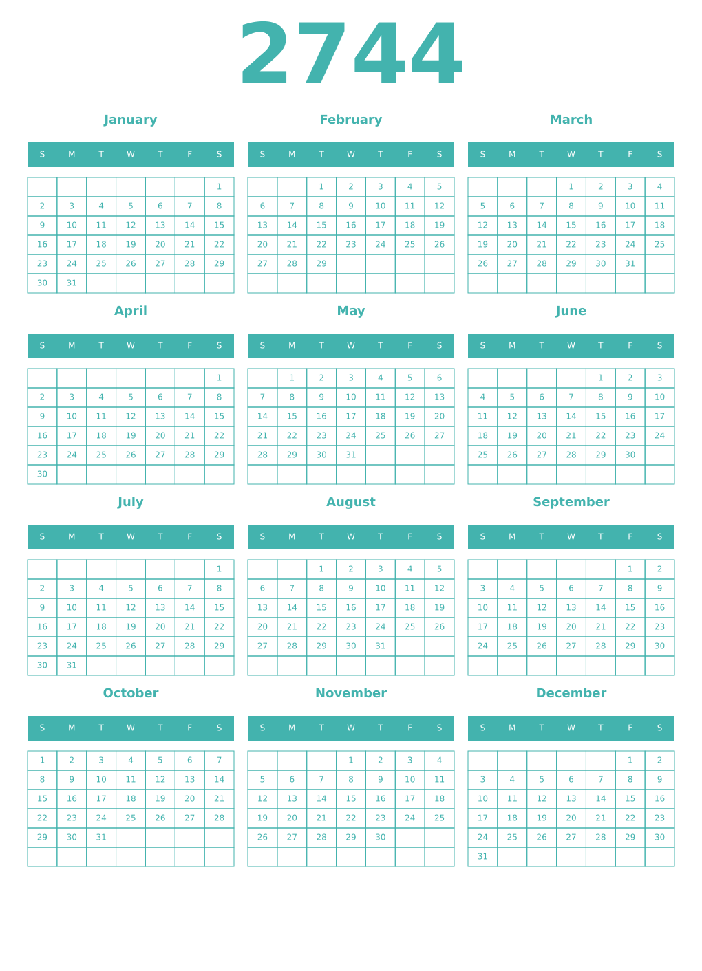 Printable 2744 Year Calendars verdigris