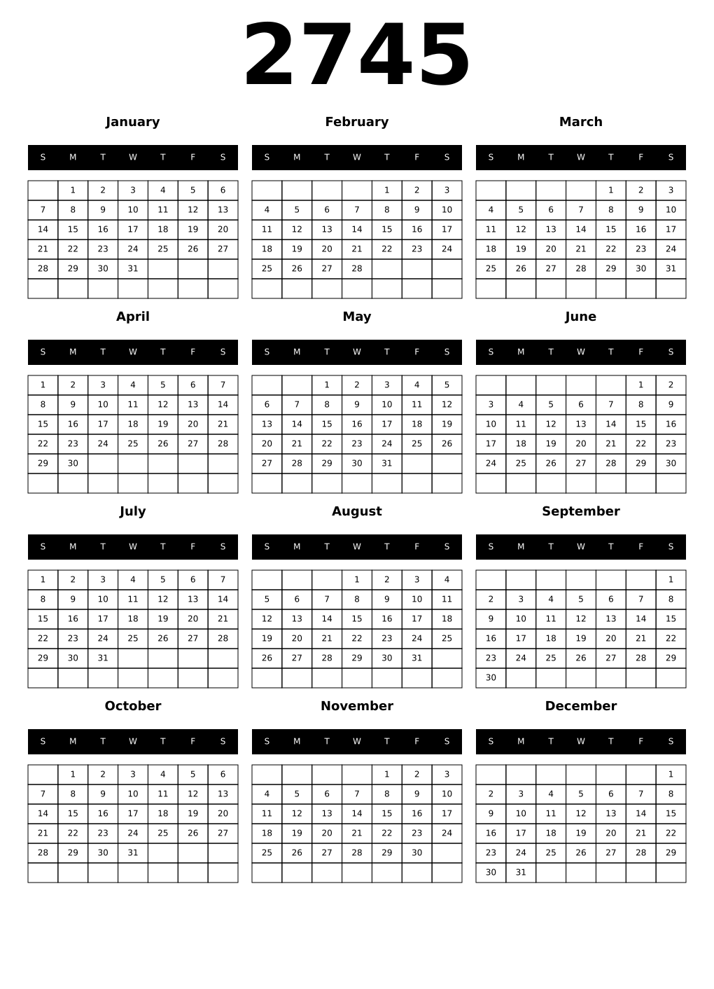 Printable 2745 Year Calendars black