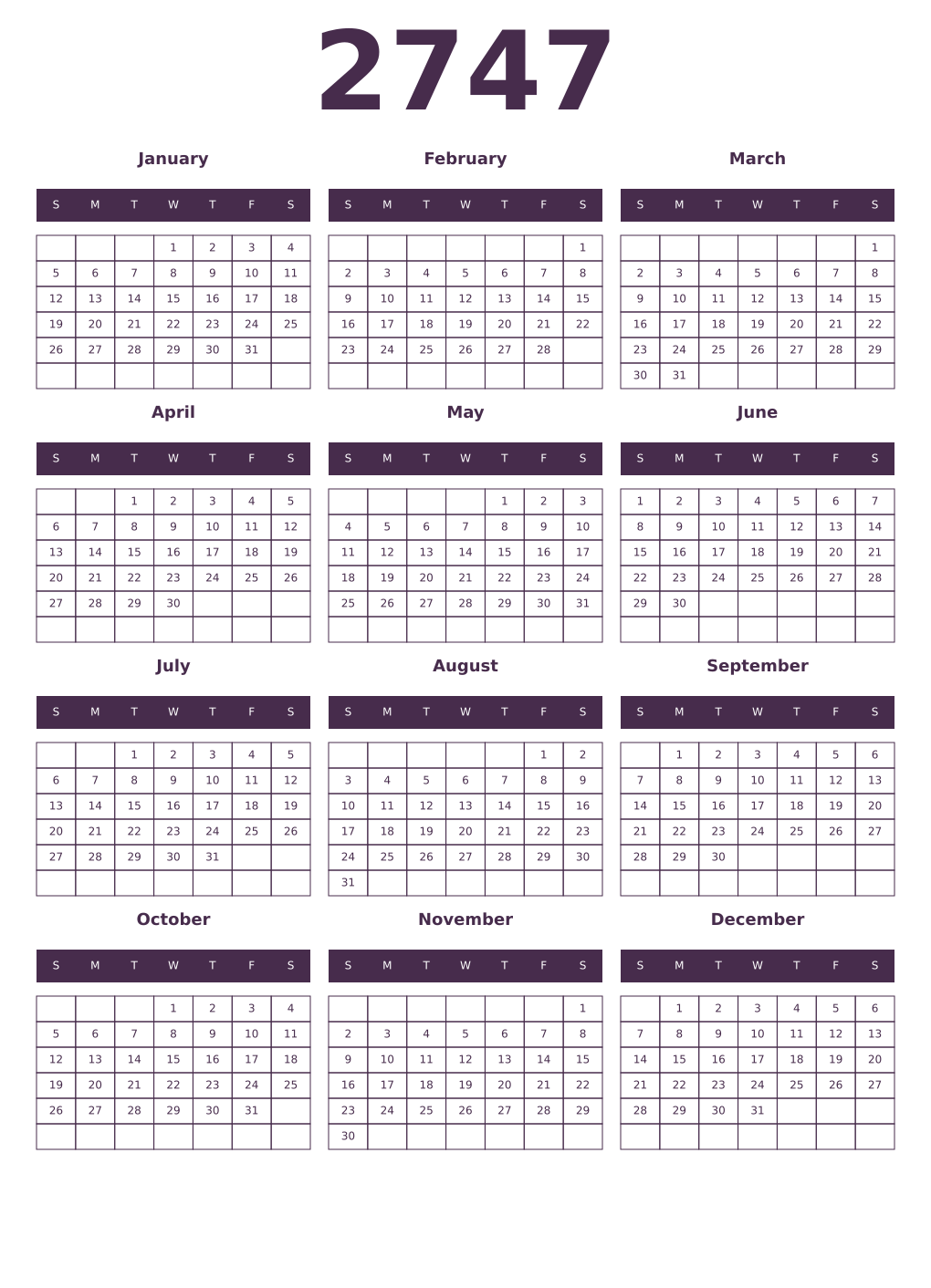 Printable 2747 Year Calendars aubergine