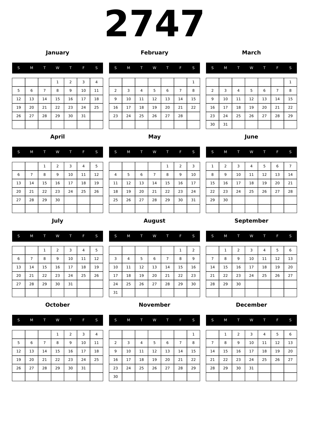 Printable 2747 Year Calendars black