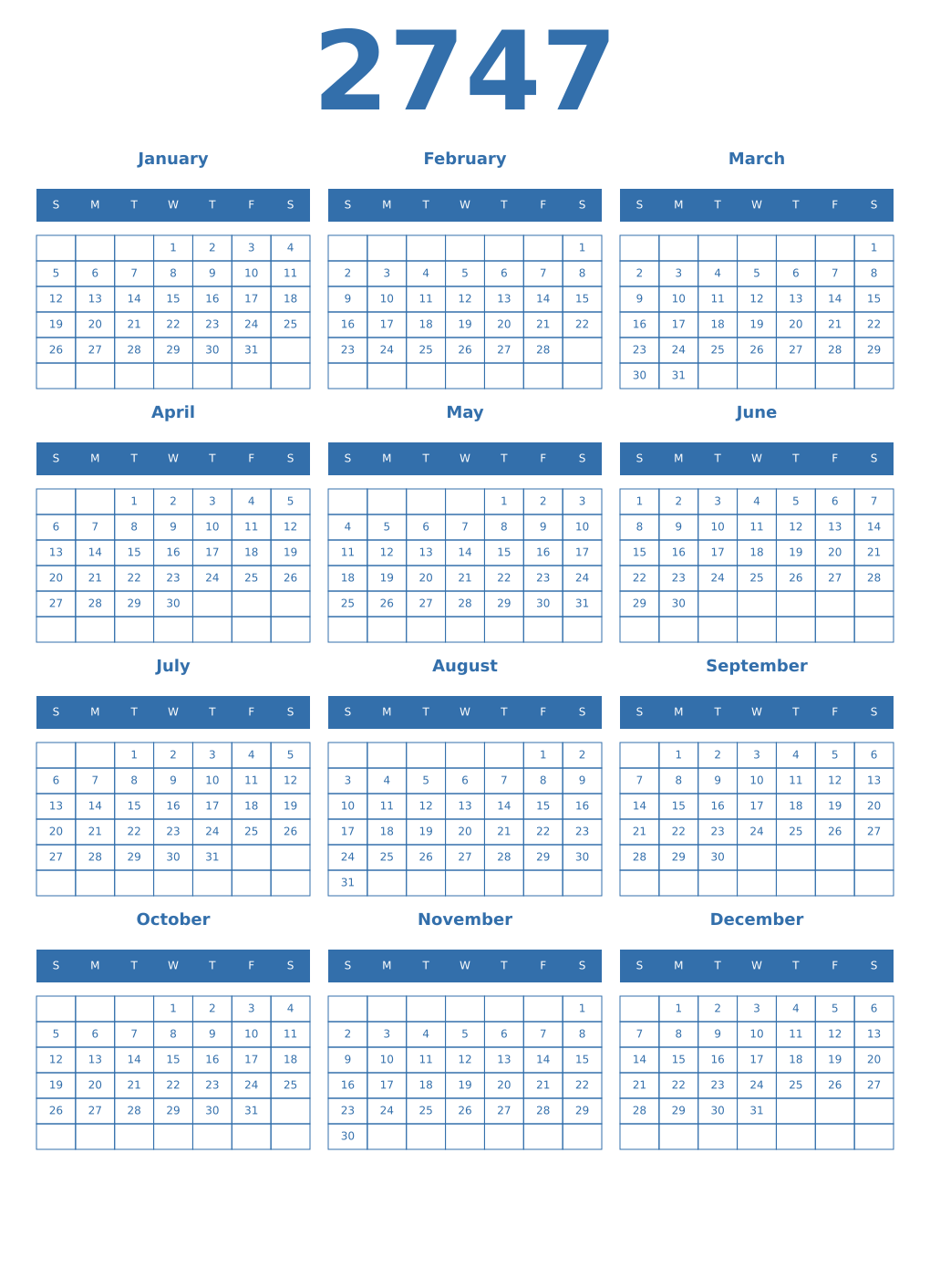 Printable 2747 Year Calendars blue