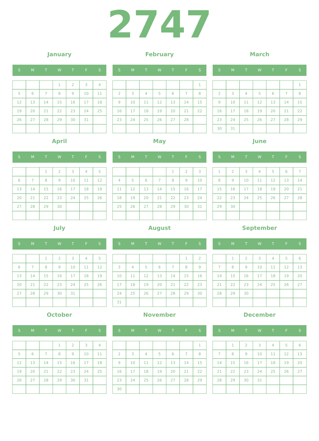 Printable 2747 Year Calendars celadon