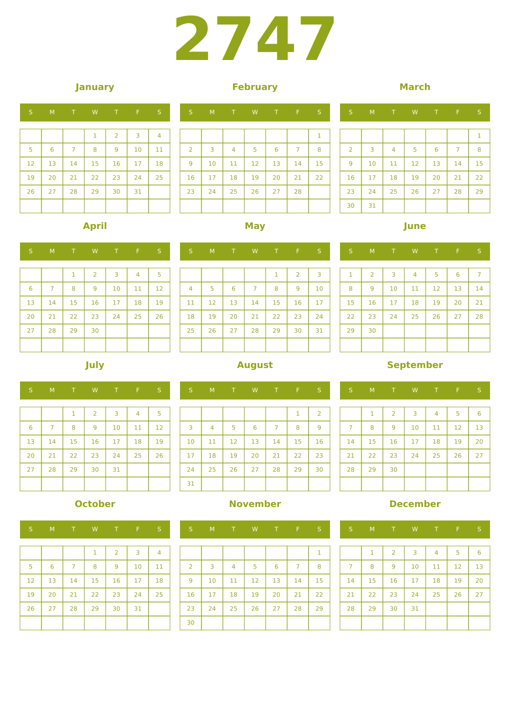 Printable 2747 Year Calendars chartreuse