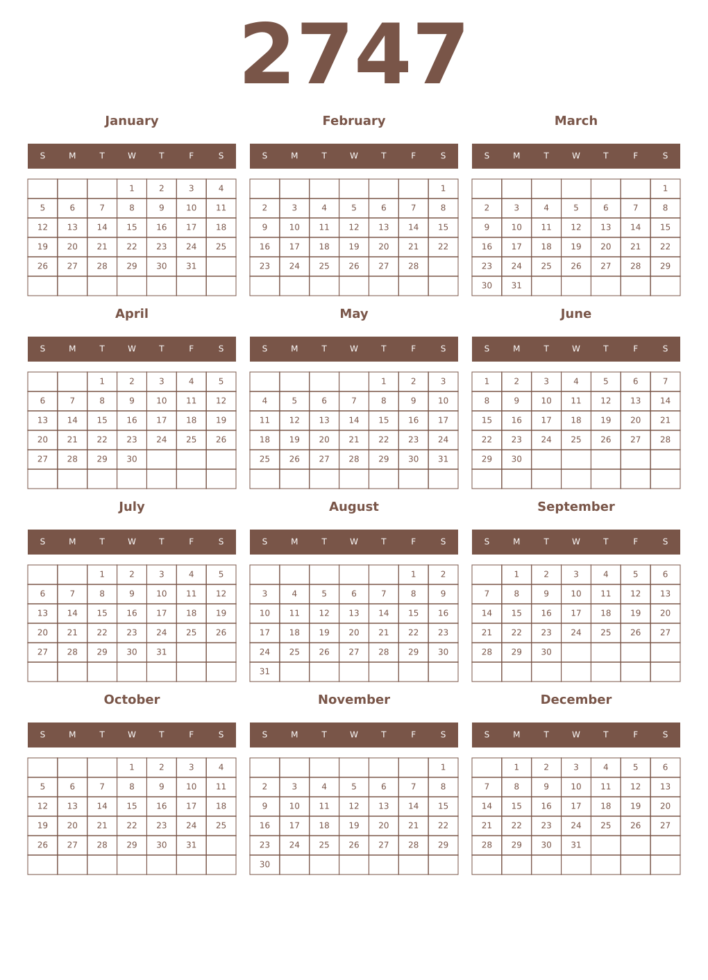Printable 2747 Year Calendars coffe