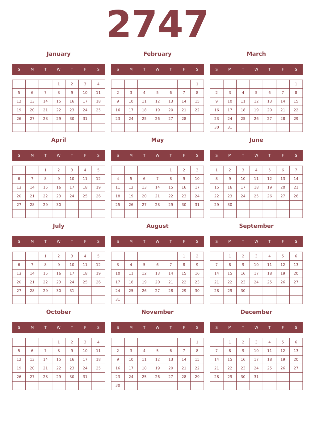 Printable 2747 Year Calendars cordovan