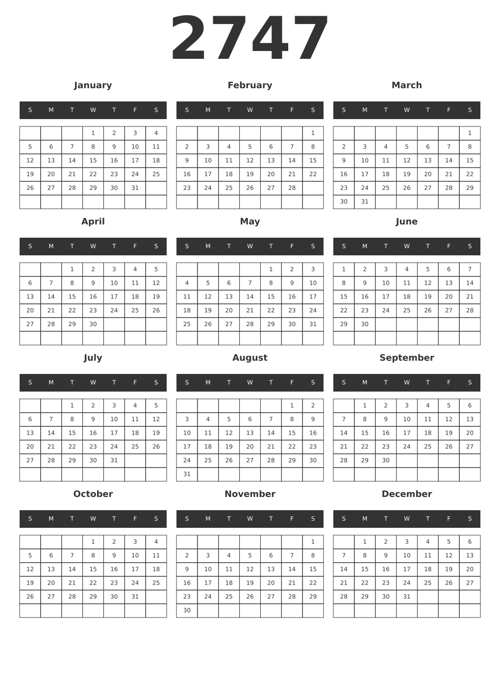 Printable 2747 Year Calendars dark